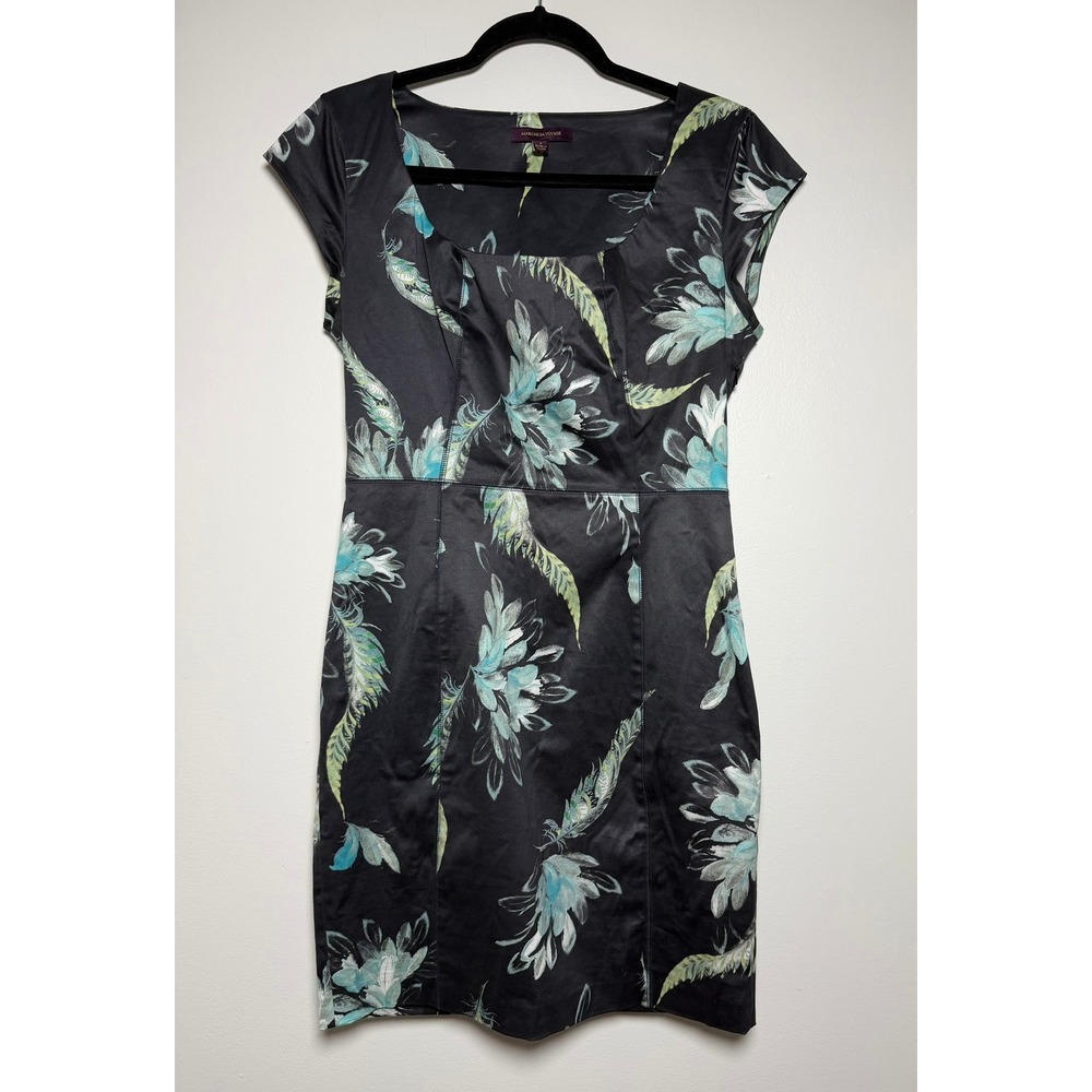 Marchesa Voyage Black Floral Feather Print Sheath Dress Size 8 Special Occasion